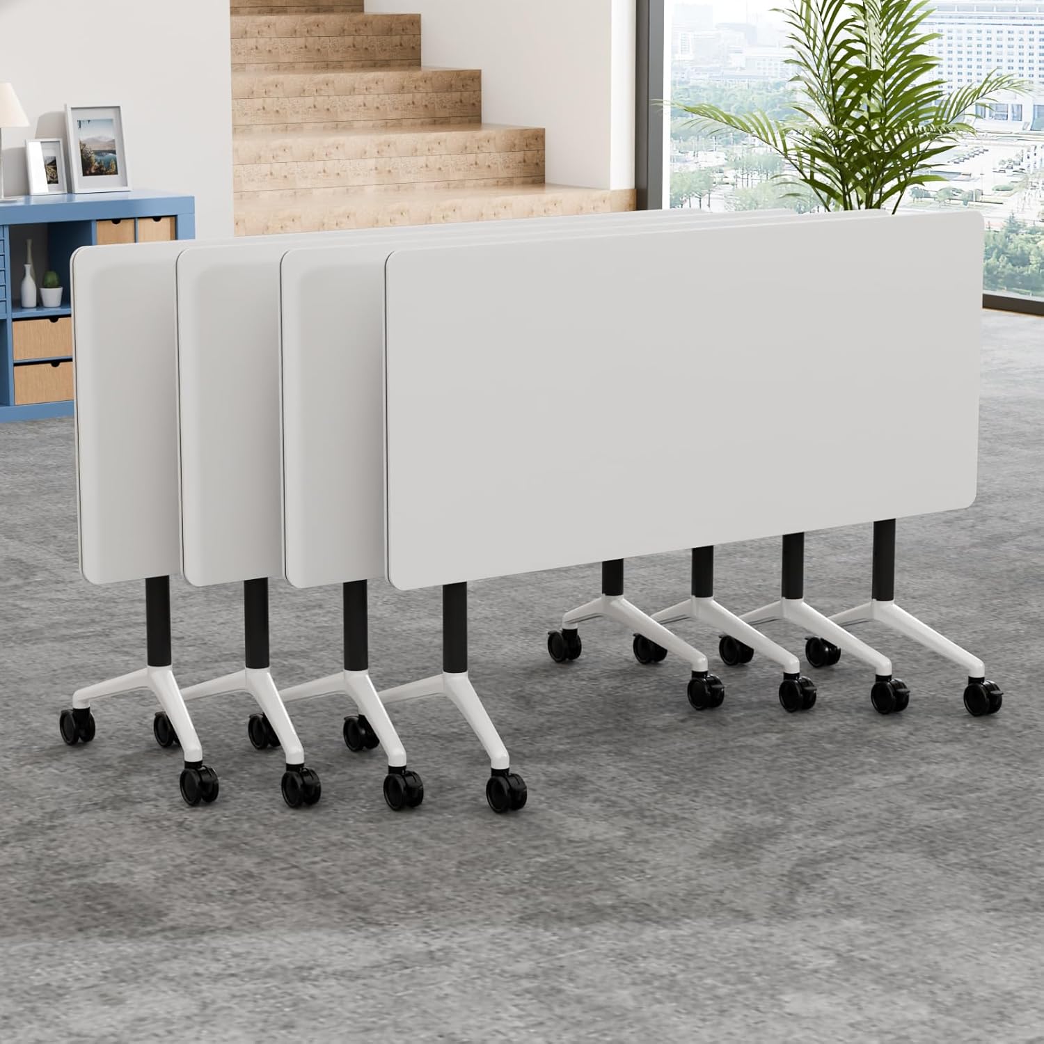 Modular Conference Table with Wheels 63in 4PCS, Folding Conference Room Tables on Wheels, Foldable Mobile Training Table for Office Collapsible Transformable Meeting Tables for 8-14 Seat White