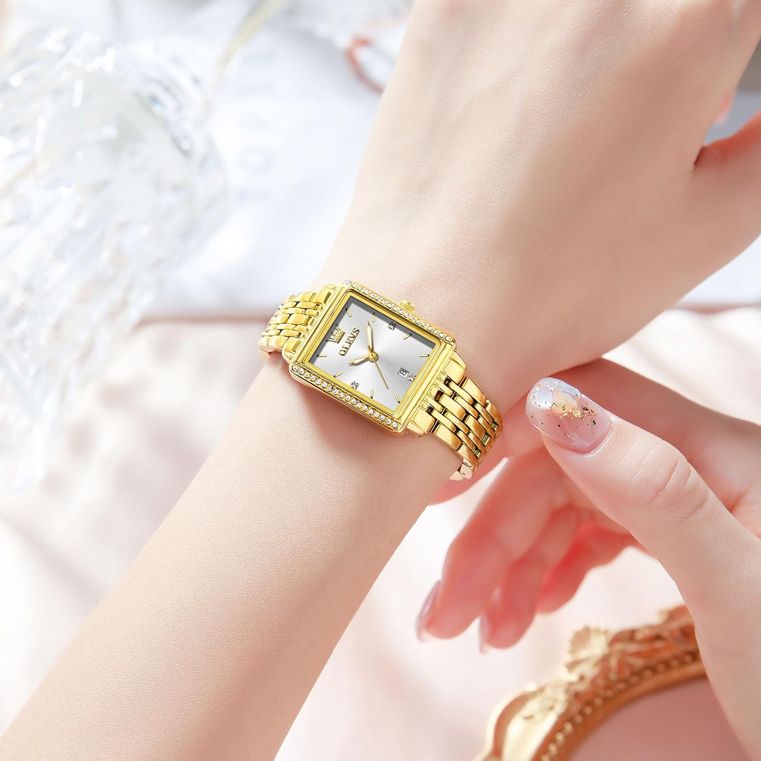 OLEVS Square Watches for Women, Gold Stainless Steel Bracelet Ladies Small Face Watches, Dainty Waterproof Women's Wrist Watches with Date, Gold/Black/White/Blue/Green Dial - Image 3