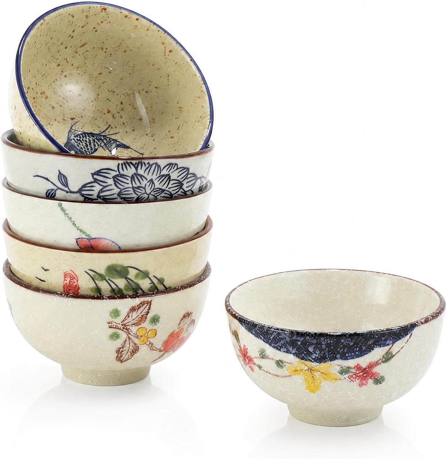 4.5 Inch Japanese Retro Dessert Bowls Set of 6 | Ceramic Hand-painted Serving Bowsl Set for Cereal, Salads, Dessert, Ice Cream, Rice, Noodles, Dishwasher Microwave Safe