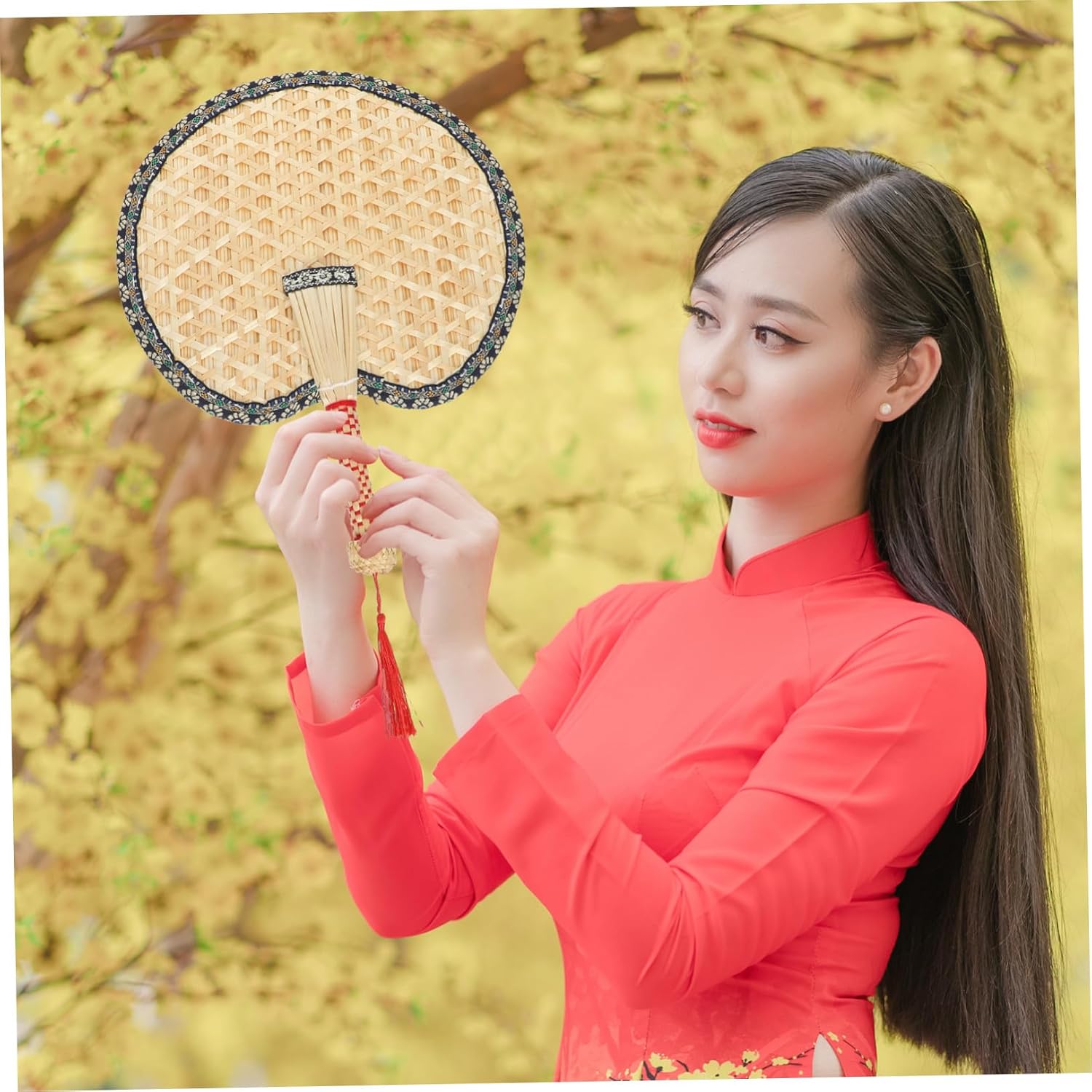 Alipis Handheld Wheat Straw Fan with Handle Natural Woven Summer Cooling Fan Rustic Chinese Style for Indoor Outdoor Use