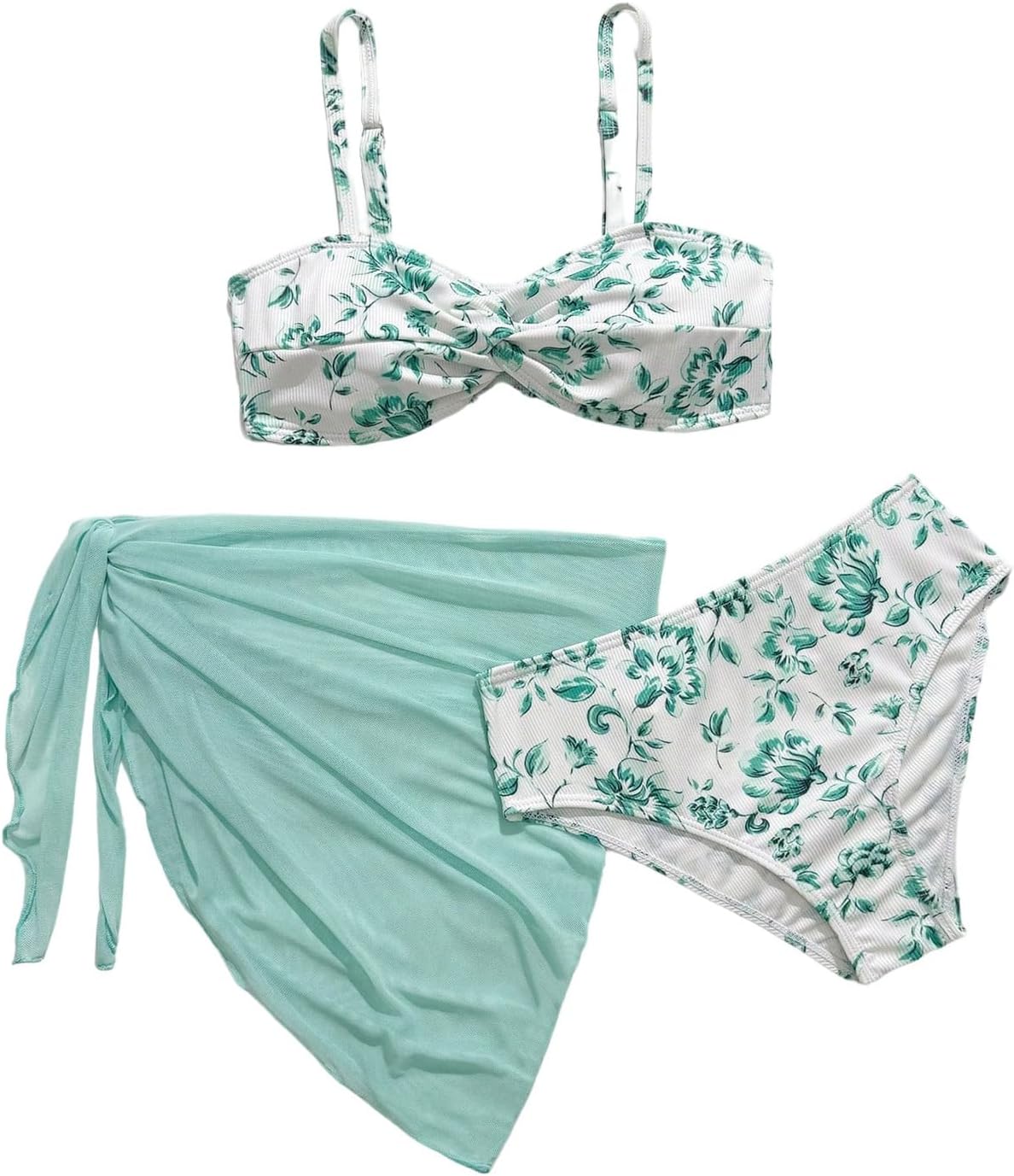 SHENHE Girl's Swimsuits 3 Piece Floral Print Bathing Suits with Sarong Cover Up Wrap Skirt