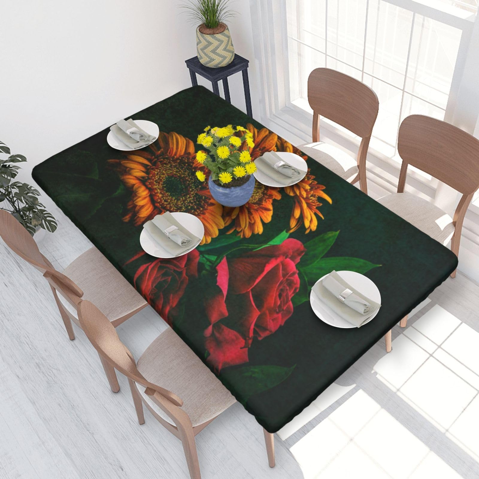 BNVSADC Sunflower and Rose Printed 4FT Tablecloth 122x76 CM Polyester Kitchen Water Resistant Table Cloth Dining Table Decoration Table Covers