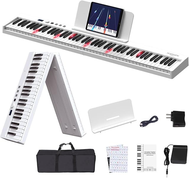 KONIX Folding Piano Keyboard, 88 Keys Full Size Semi Weighted Foldable Piano, Portable Electronic Keyboard Piano with Light Up Keys, Sustain Pedal, Keyboard Stickers, Music Stand and Piano Bag, White