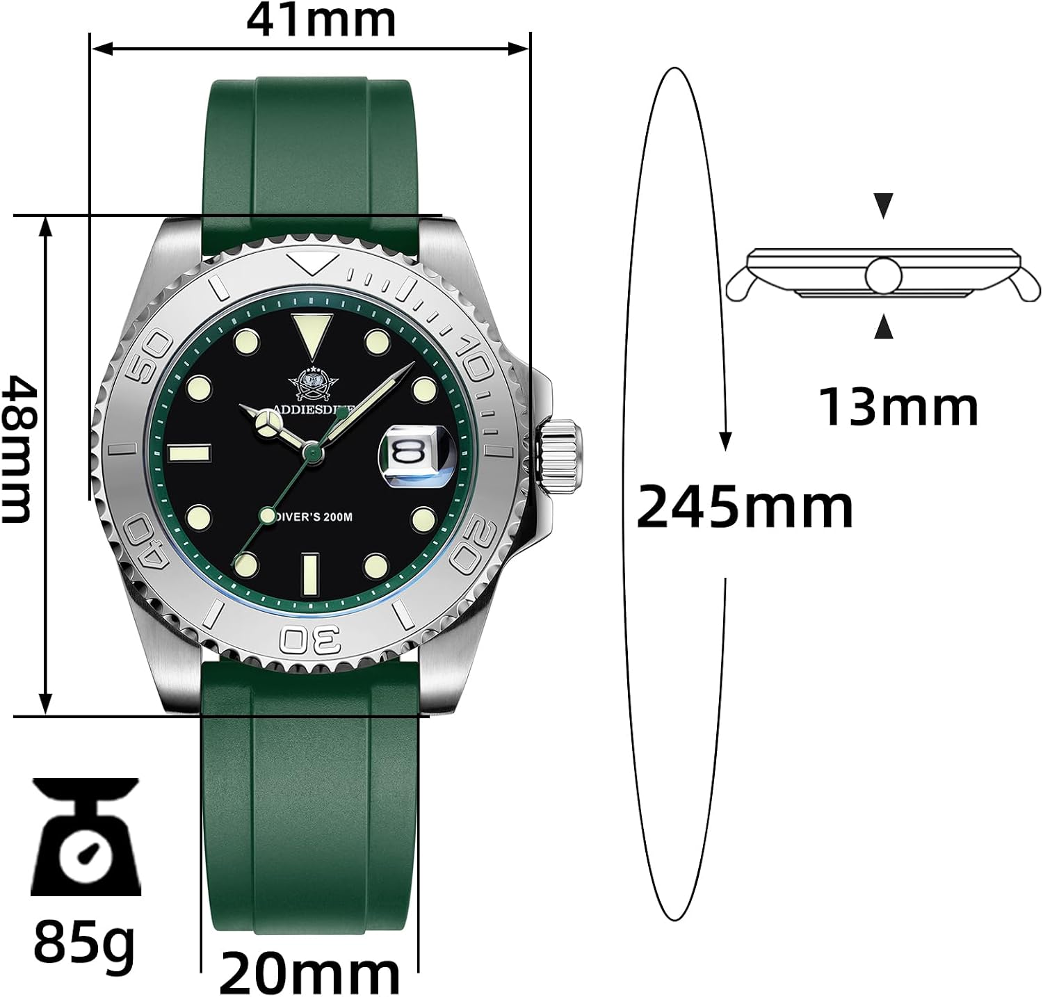ADDIESDIVE Mens Dive Watch 41MM Analog Quartz 200M Waterproof Watches for Men with Rotatable Bezel BGM9 Luminous and Rubber Band AD2040