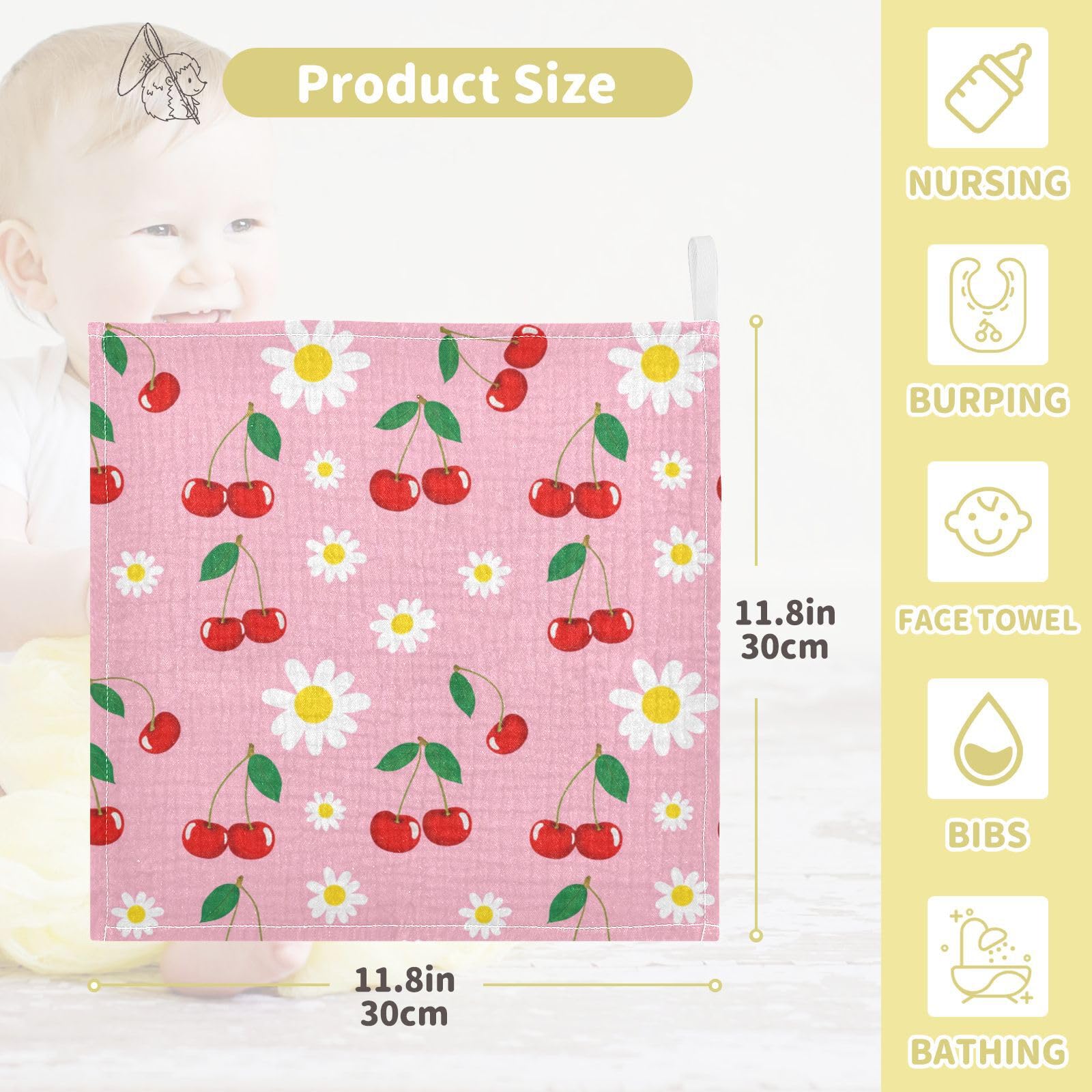 Kigai Cherry Baby Washcloths,3pcs Ultra Soft Absorbent Towel,Newborn Bath Face Towel, Natural Reusable Baby Wipes for Sensitive Skin, Baby Registry as Shower
