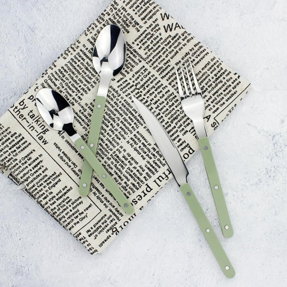 16 Pièces Pince Poignée Cuisine en Acier Inoxydable Argenterie Vaisselle Couverts Couteaux Fourchettes Cuillères Ensemble pour 4 Personnes Hôtel Maison Couteau À Steak Cuillère Dessert (Blanc)