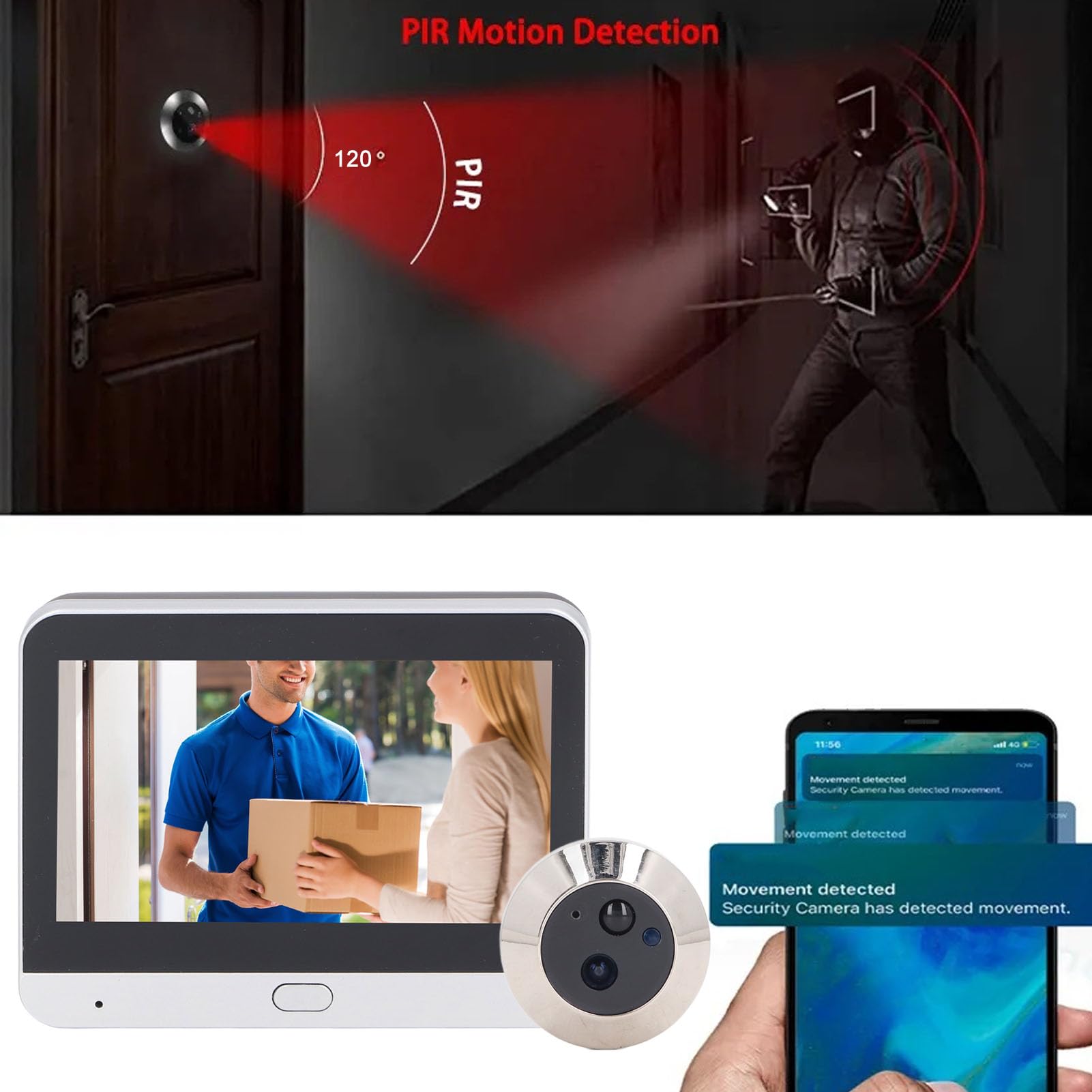 Cryfokt Timbre con Vídeo Inteligente, Cámara de Timbre WiFi Inalámbrica 1080P con Pantalla LCD IPS de 4,3 Pulgadas, Intercomunicador de 2 Vías, Detección de Movimiento PIR, Visión