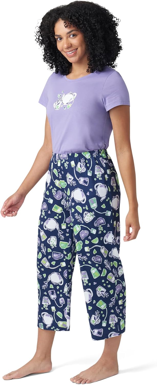 HUE Printed Knit Short Sleeve Tee and Capri 2 Piece Pajama Set Sleepwear