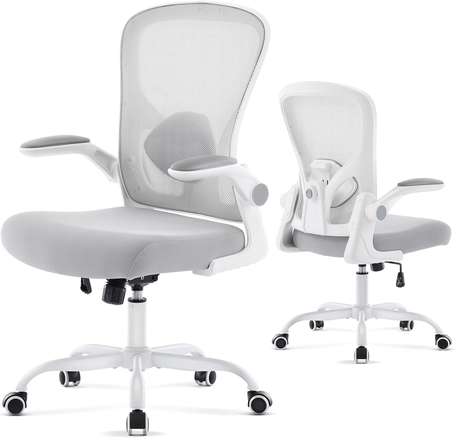 Ergonomic Office Chair, Computer Desk Chair with Adjustable Lumbar Support and Flip-up Armrests, Rocking Function, Comfy Mesh Office Desk Chair for Home Office, Grey