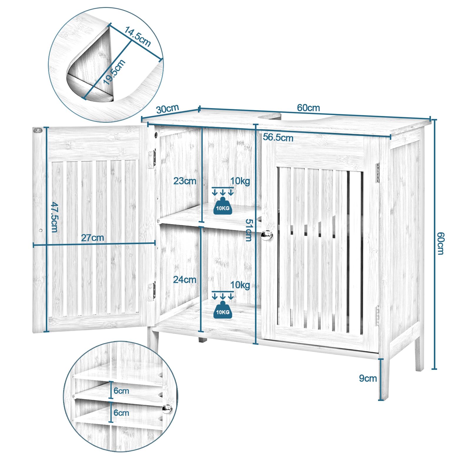 EUGAD Waschbeckenunterschrank aus Bambus, Badezimmerschrank mit 2 Türen, Badezimmer Unterschrank Waschbecken, Waschtischunterschrank, Verstellbarer Einlegeboden, viel Stauraum, 60x60x30 cm