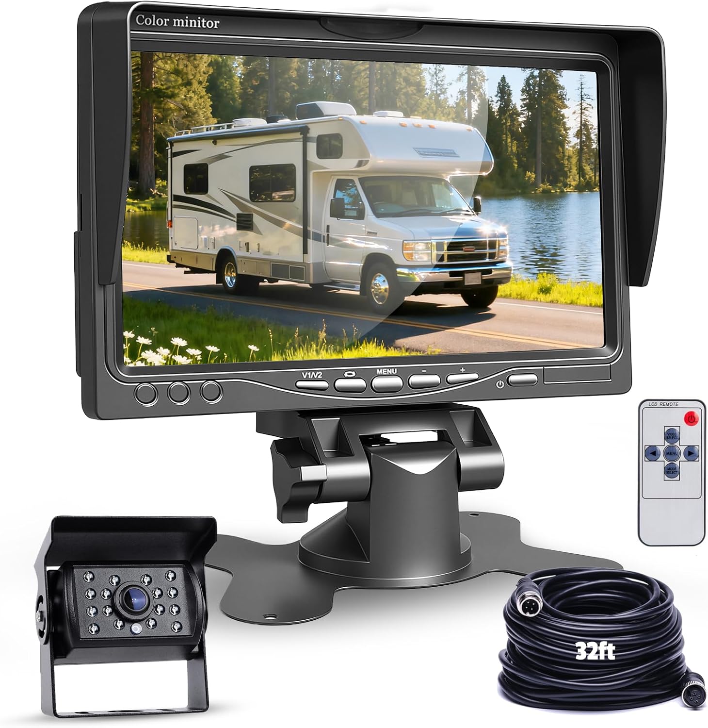 Backup Camera Kit with 7-Inch LCD Monitor, Upriding IP68 Waterproof 18IR Night Vision Rear View Camera for Trailer RV Camper Truck Pickup Bus, +32ft Extension Cable, DIY Guidelines(12V-24V)