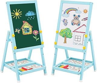 Kids Art Easel Double Sided Easel Whiteboard Blackboard,Foldale Mini Wood Easel for Kids,Drawing Board with Letters and Numbers 43 * 32 * 8.5(Blue)