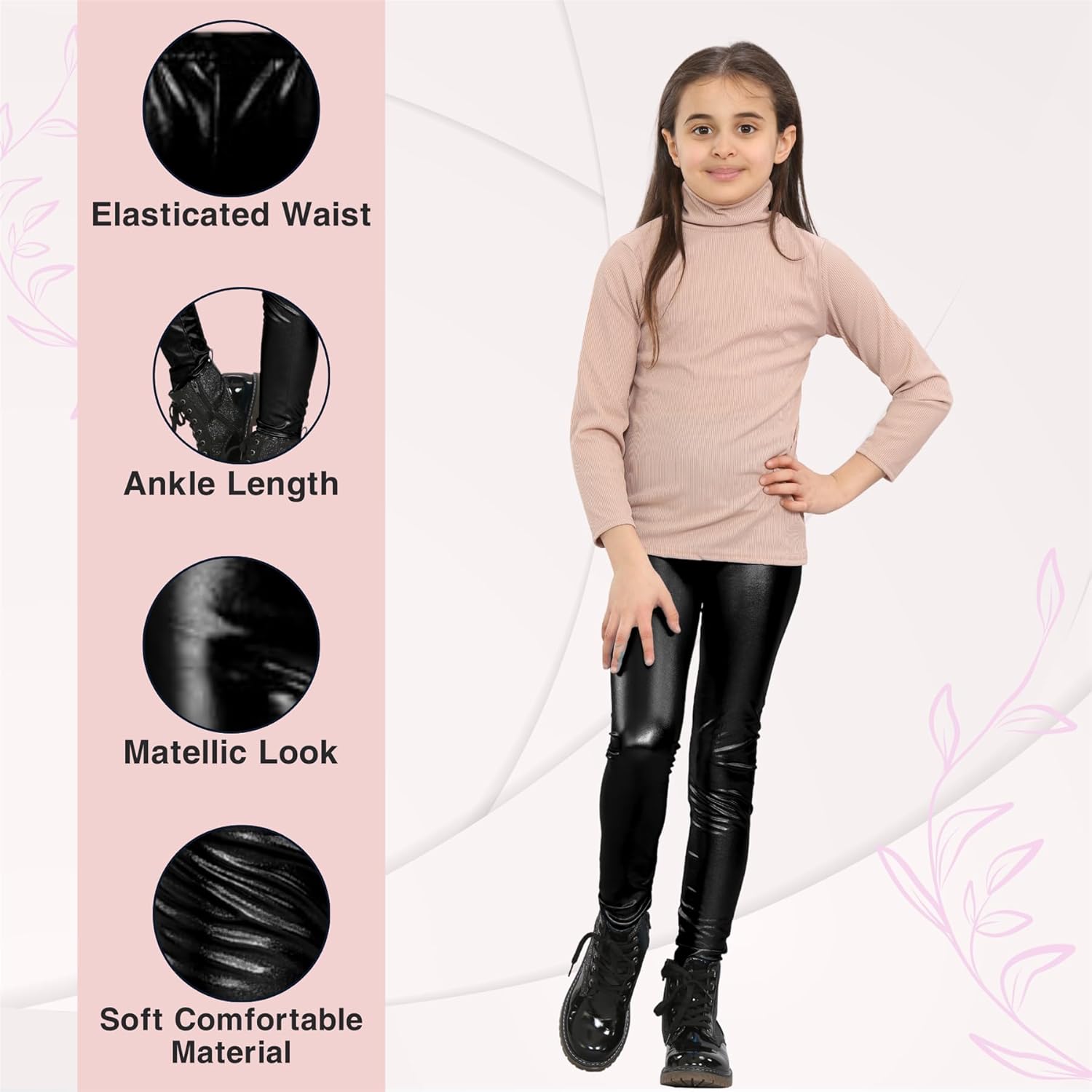 Janisramone® Girls Metallic Wet Look Leggings Plain Elasticated Waist Ankle Length Kids Shiny Leggings Party Disco Pants