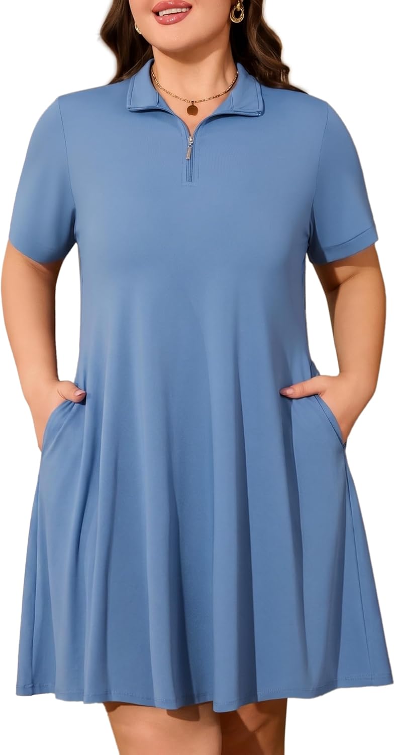 Plus Size Tennis Dress with Shorts & Pockets 1/4 Zip Up Short Sleeve Lightweight Quick Dry Womens Golf Dresses