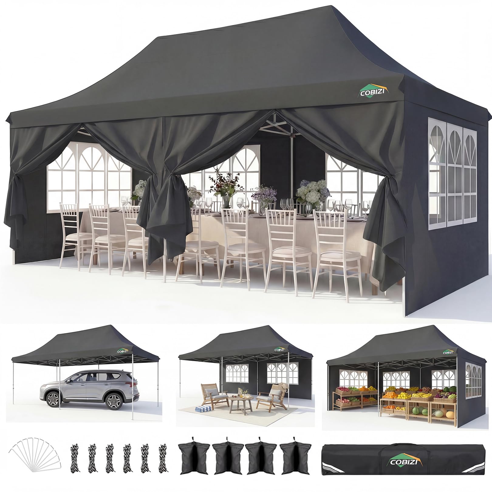 View 1 of *PARTIAL SET*
COBIZI 10x20 Pop Up Canopy with 6 Sidewalls, Conical Canopy Tents for Parties, Backyard, Commercial, Waterproof Event Tent Instant Shelter UV50+ Outdoor Gazebo with 4 Sandbags (Peak Drainage)
