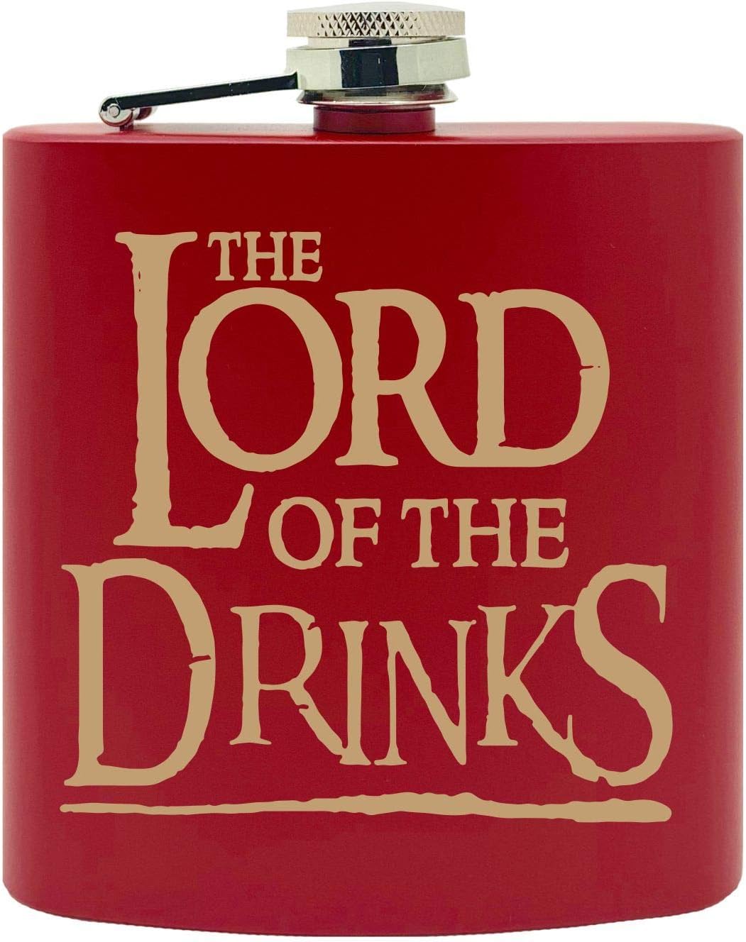 "The Lord of the Drinks" Gold LOTR Super Fan Inspired Funny Design Custom Printed Stainless Steel Alcohol Hip Flask, 6 Oz. Red