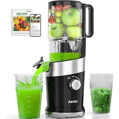Cold Press Juicer with Whole Feed Chute, Aeitto Masticating Juicer Machines, Juice Extractor Machine Easy to Clean, High Juice Yield, For Whole Vegetables and Fruits, Easy to Assemble, Onyx Black