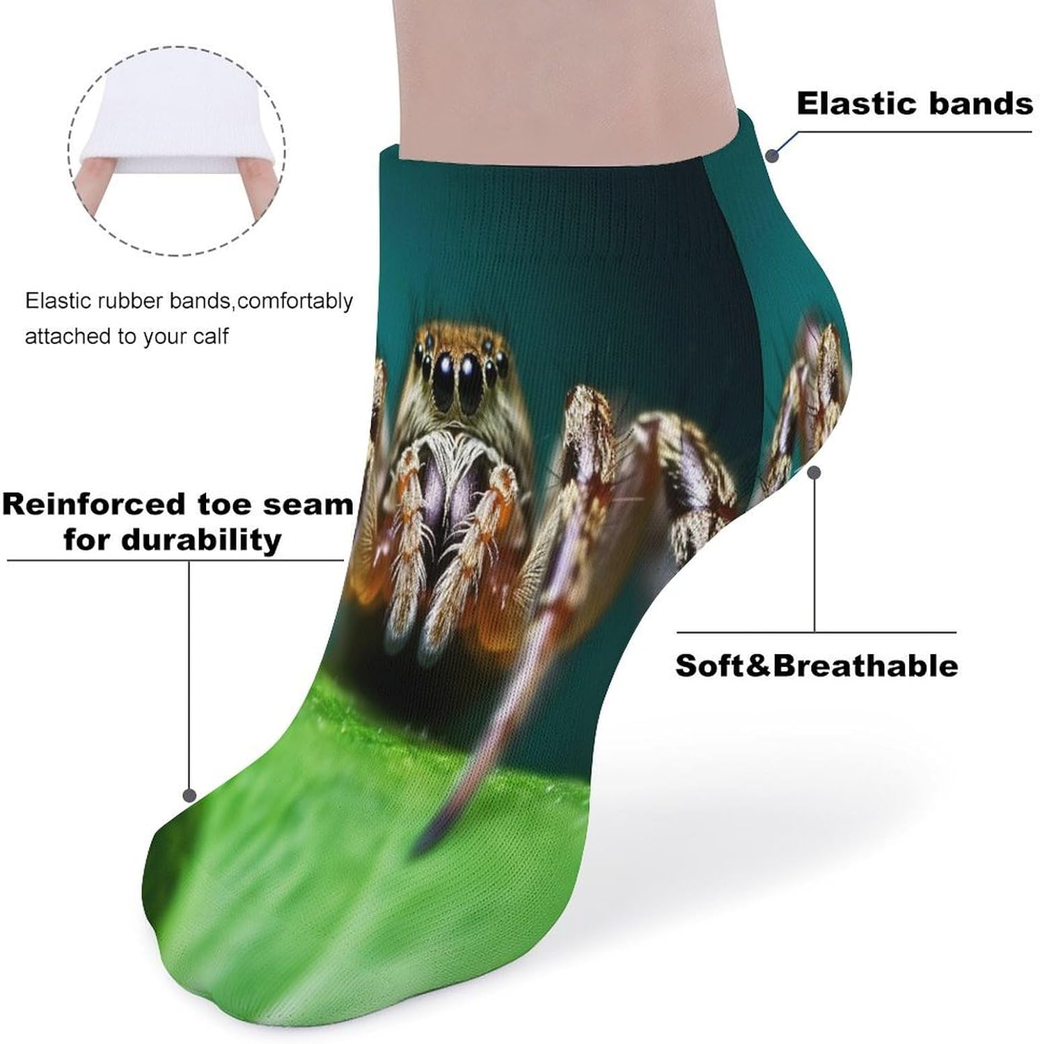 Women's Thin Elastic Socks Low-top Sports Invisible Wildlife Spider Printed Ankle Socks 5 Pairs Suitable for Travel Commuting Outdoor