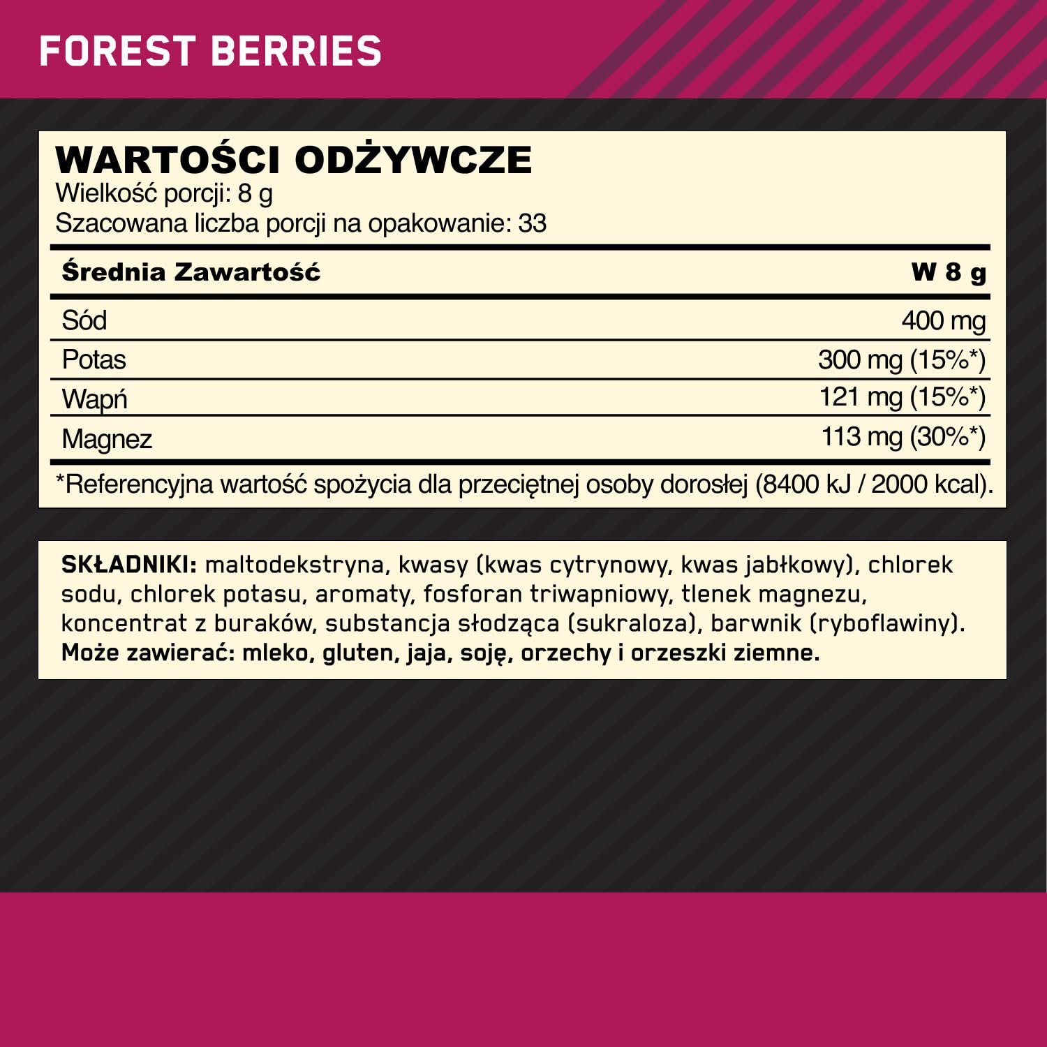 Optimum Nutrition Elektrolity w Proszku, Owoce Leśne Formuła Gotowa do Wymieszania, Sód Magnez Potas Suplement Diety dla Treningów i Intensywnych Ćwiczeń, 264 g, 33 Porcje