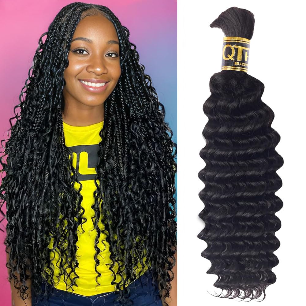 QTHAIR Deep Wave Bulk Human Hair For Braiding 18A No Weft (20" 50g #1B(Natural Black)) 100% Unprocessed Brazilian Deep Wave Human Hair Virgin Hair Extensions Two Bundles Micro Braiding