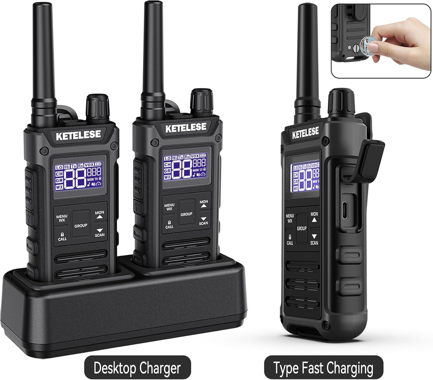 KETELESE T3G Heavy Duty Walkie Talkies for Adults, IP67 Waterproof Long Range 2 Way Radio, with Earpiece， Type-C Cable, Charge Dock, VOX, NOAA, PTT, Group, 2 Pack, Black/Grey