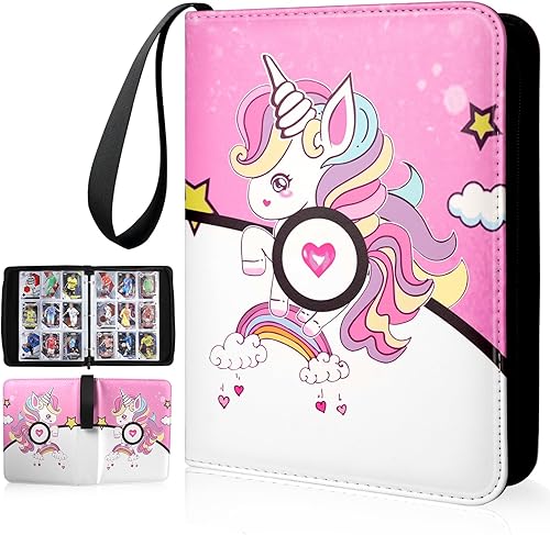 Miniatura 1 de Uokinuo Unicorn Card Binder 9 Pockets, 900 Pockets Card Holder with 50 Sleeves Premium Cards Binder with Zipper Pink Portable Trading Cards