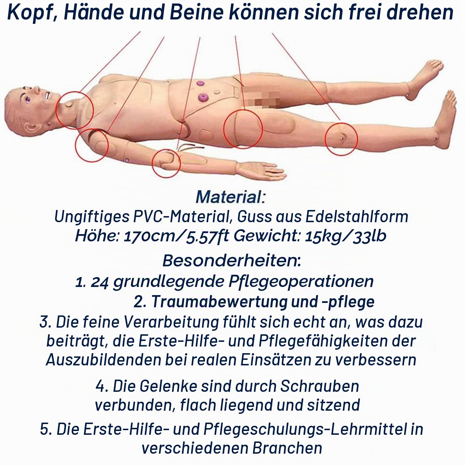 170 cm lebensgroße Krankenpflege Pflegepuppe Altenpflege PVC Krankenpflegepuppe, Schaufensterpuppe zum Lehre & Bildung Medizinische Versorgung