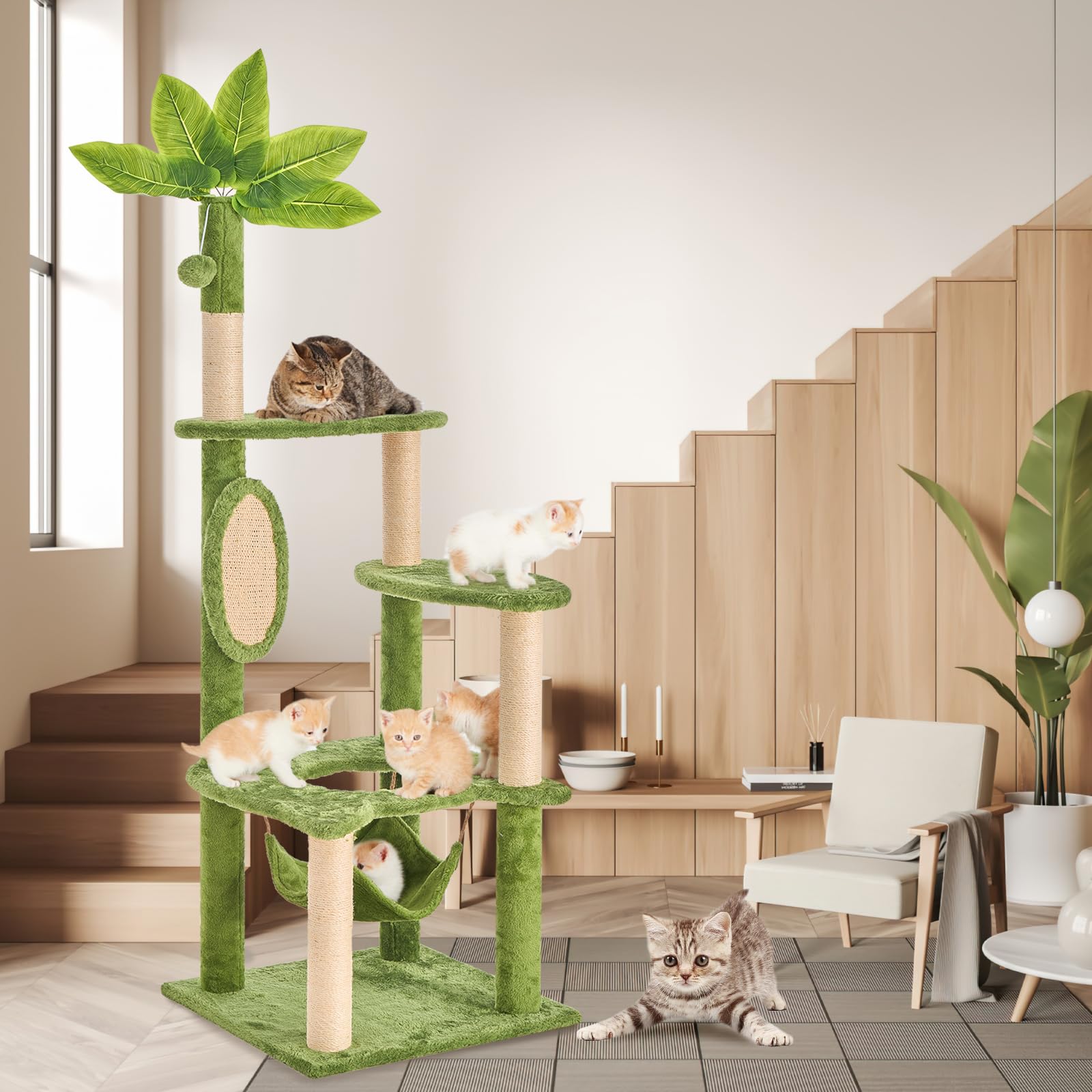 55 inch Large Cat Tree Tower with Green Leaf, Cat Tree for Adult with Hammock, Scratching Posts, Pompom, Scratching Board, Cat Shaped Design, for Living Room, Bedroom