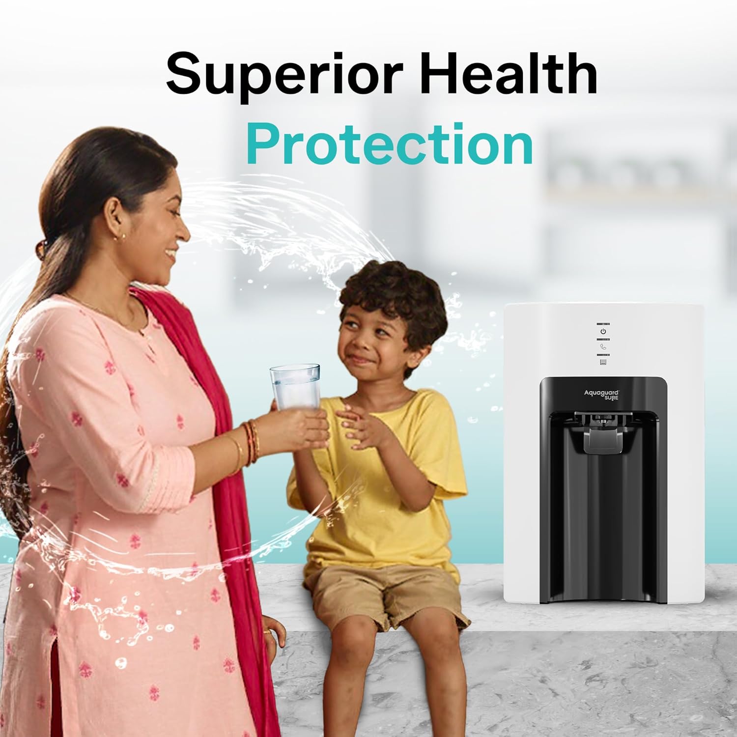 A woman and child drinking water from the Aquaguard purifier, symbolizing superior health protection.