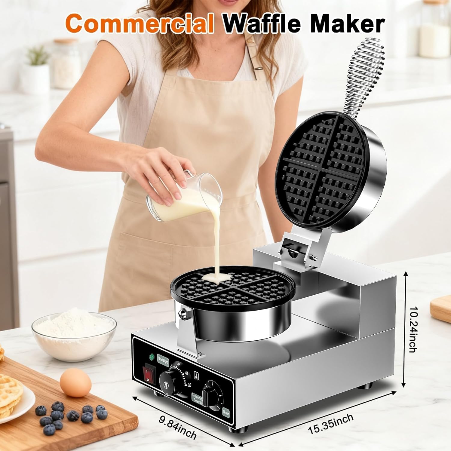 Commercial Waffle Maker, 1300W Stainless Steel Waffle Baker Machine, 50-300°C(120-570℉), Nonstick, for Catering, Restaurant, Snack Stand, Perfect for Iftar, CE Certified