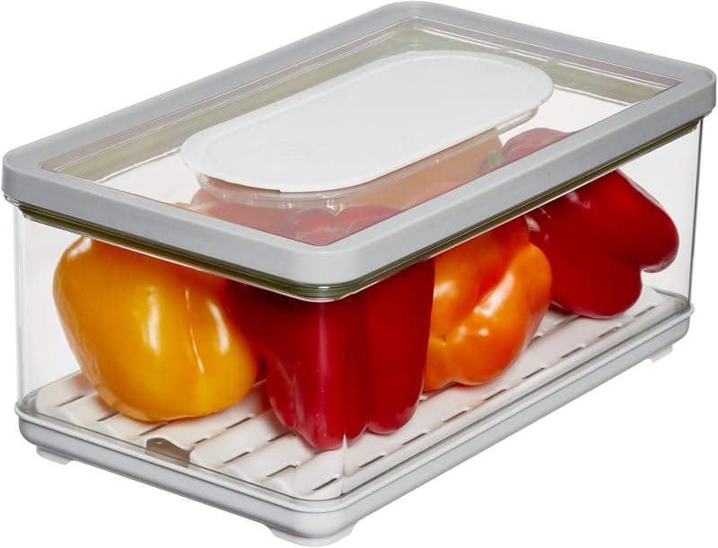 iDesign Large Fridge Produce Bin with Removable Drainage Tray and Lid - Gray