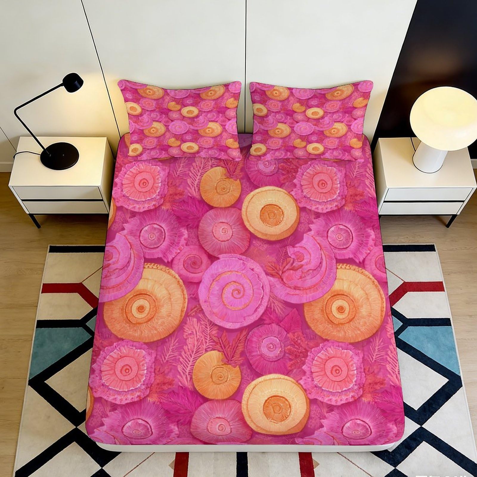 3D Printed Pink Abstract Circles Fitted Sheet Microfiber Vibrant Orange Swirl Mattress Cover Bedroom Decor 90x200x25cm