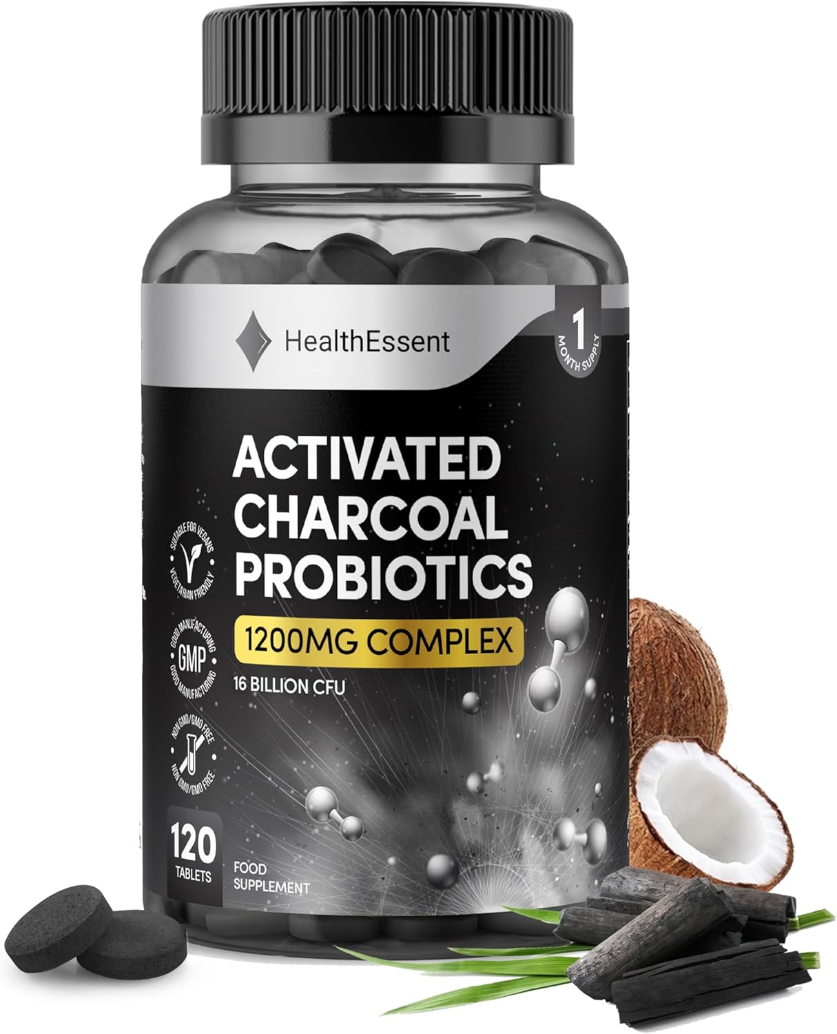 Activated Charcoal with Bio Cultures Complex Probiotics 1200mg, 16 Billion CFU Advanced Digestive Health & Gut Support with Lactobacillus Acidophilus, Detox & Balance – 120 Tablets by HealthEssent
