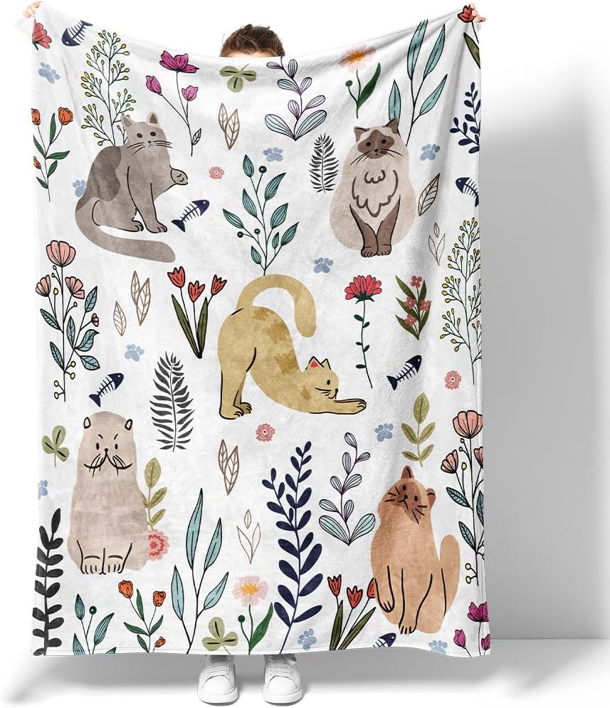 Cat Throw Blanket Floral Flower Blankets Gift for Cat Lover Throw Blanket Cats Themed Flannel Cozy Fuzzy Plush Blankets for Bed Chair Couch 50" X 60" - Image 2