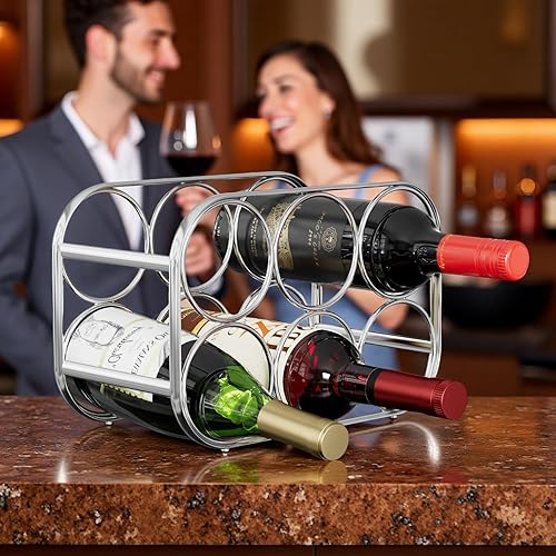 Miniatura 4 de Buruis Estante de vino para 6 botellas, soporte de metal moderno para encimera de vino, para cocina, despensa y armario, no requiere montaje,