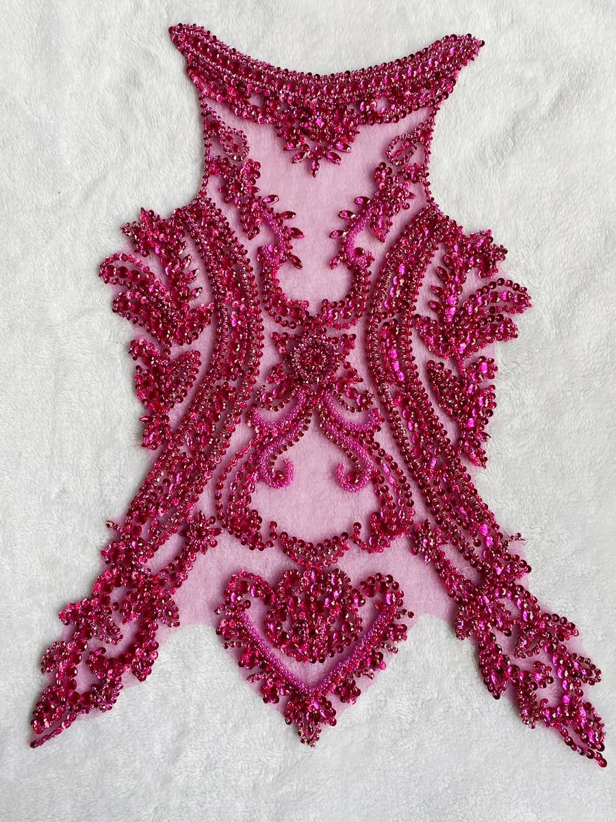 Handmade Beads Rhinestones lace Applique Bodice Patches Trimming sew on Sequins Stones Beads Shining for Wedding Evening Dance Dress Decoration (Rose red)