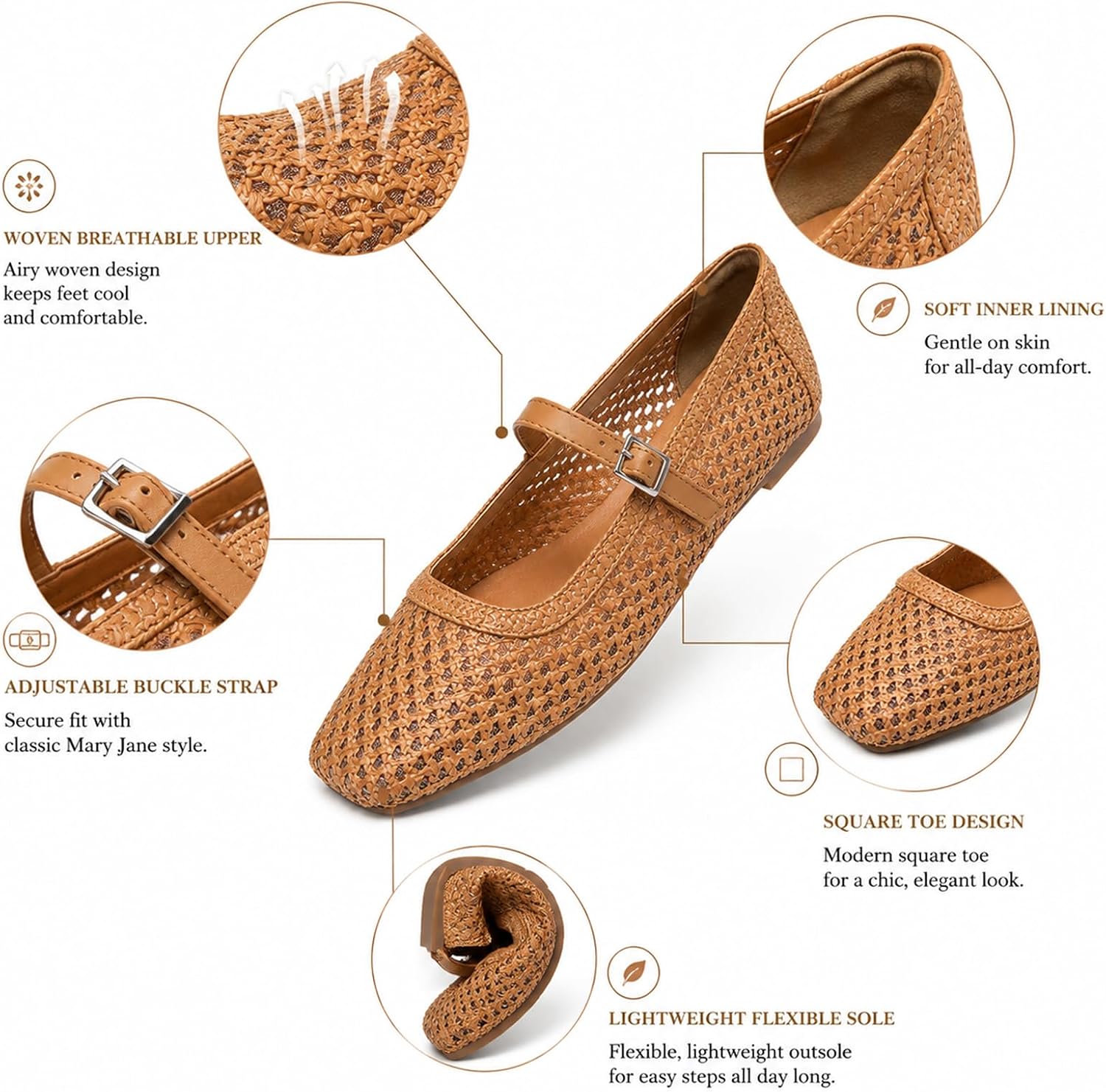 Women's Woven Mary Jane Flats with Buckle Strap, Square Toe Ballet Shoes