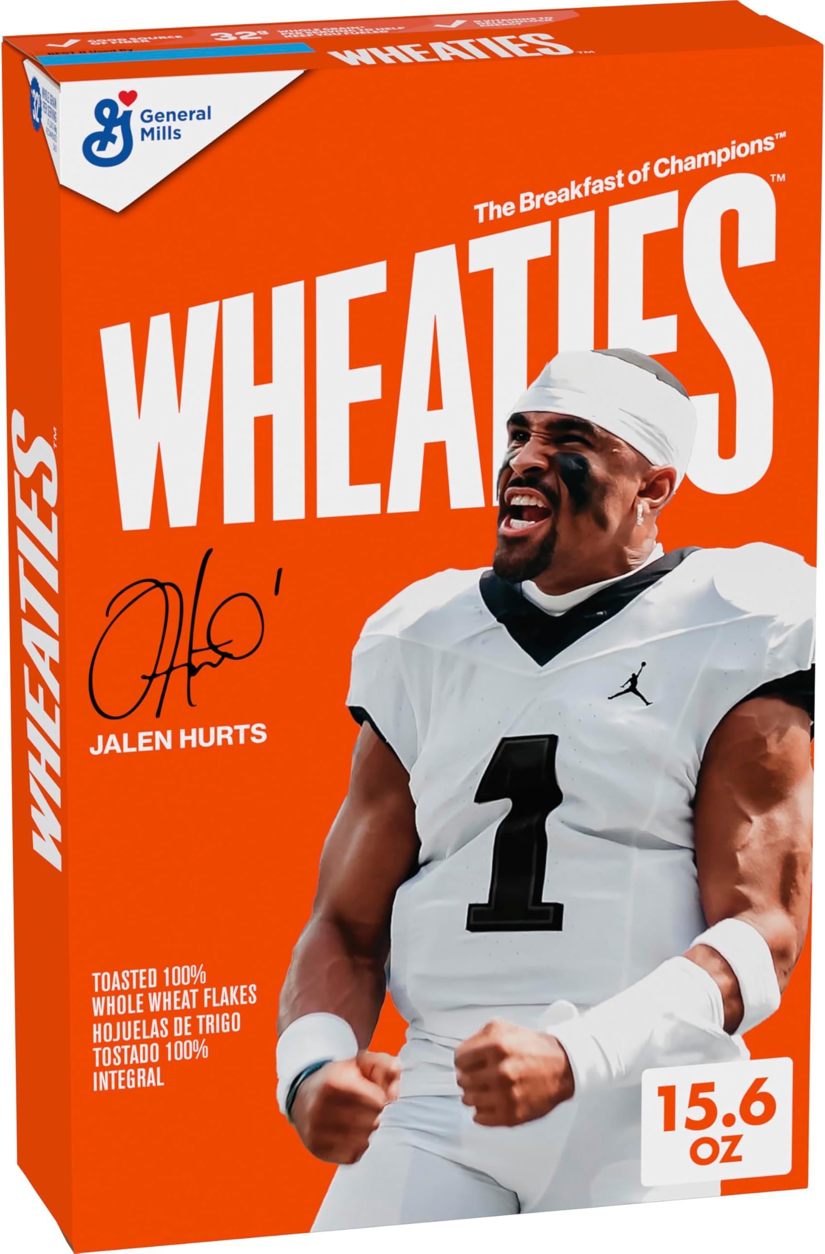 Cereal, Breakfast of Champions, Jalen Hurts Cereal Box, 100% Whole Wheat Flakes, 15.6 oz