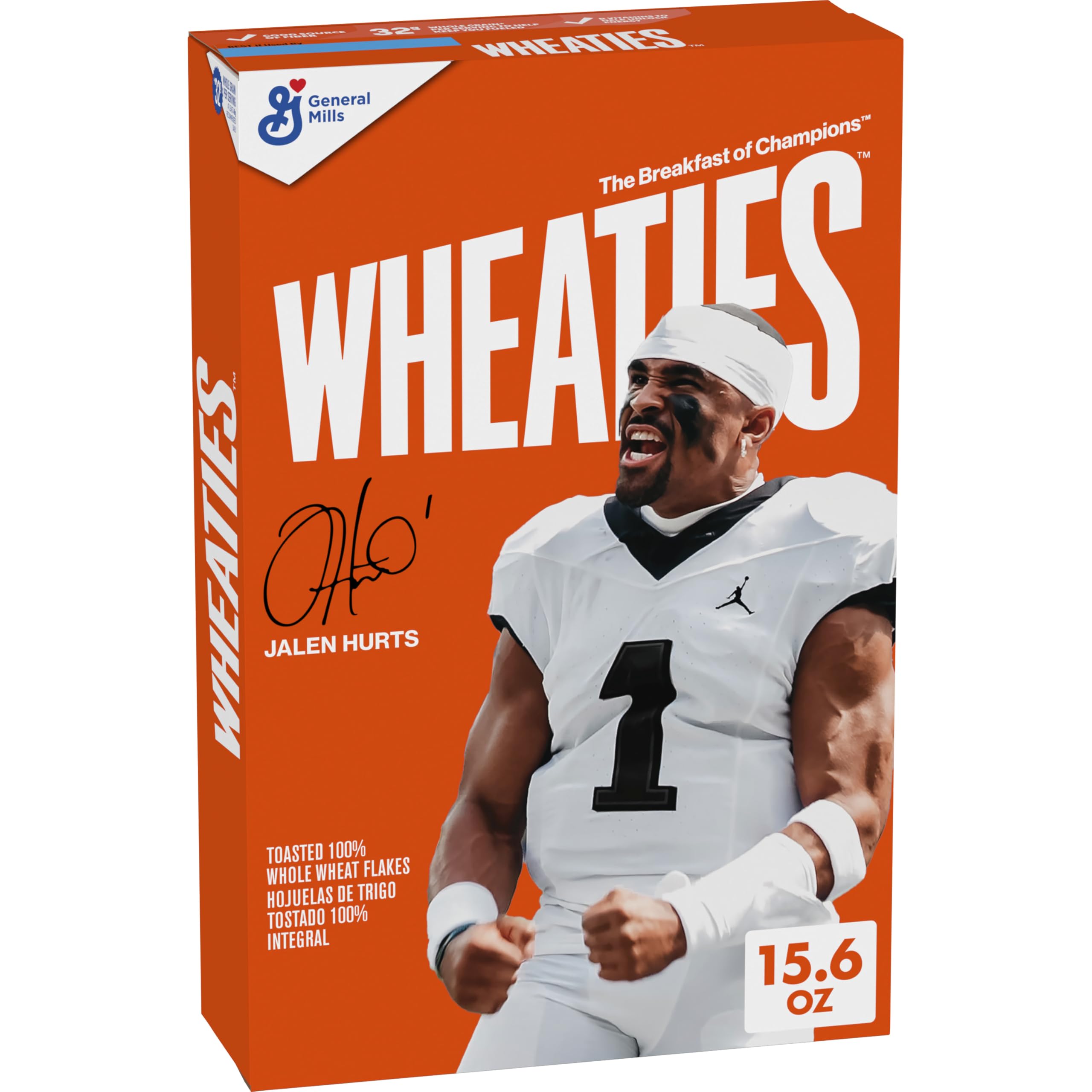 Cereal, Breakfast of Champions, Jalen Hurts Cereal Box, 100% Whole Wheat Flakes, 15.6 oz