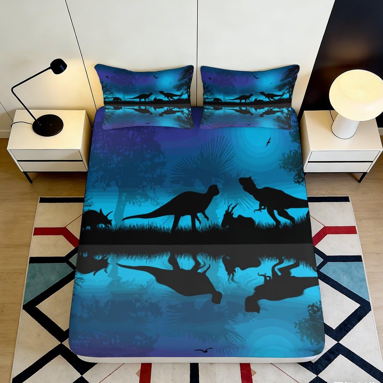 3D Printed Dinosaur Pattern Fitted Sheet Microfiber Soft Durable Blue Bed Cover with 3D Printed Jurassic Design Mattress Cover for Bedroom Dorm Dormitory 90x200x25cm