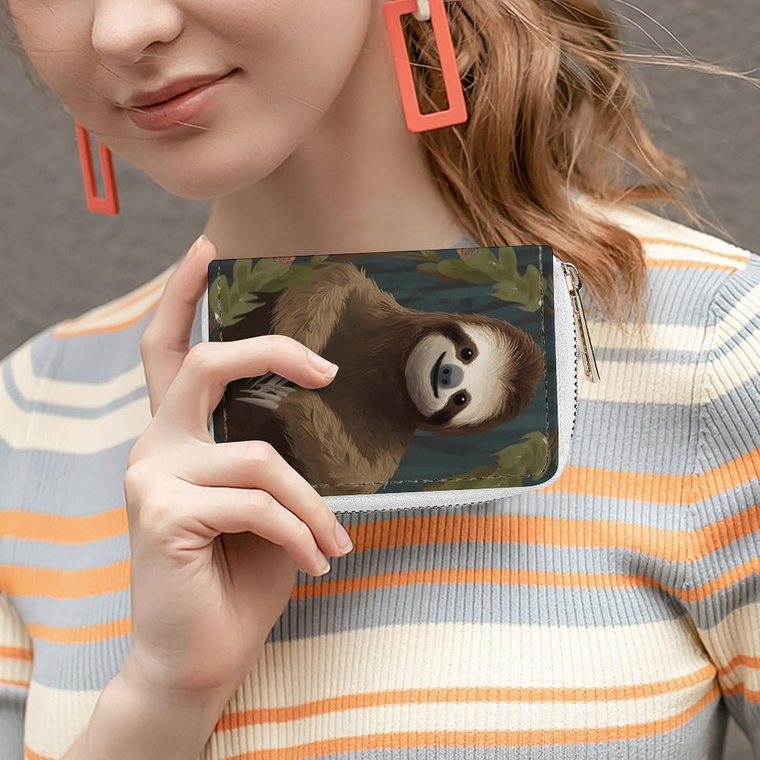 Leather Card Organizer Case Card Wallet Credit Card Holder Sloth Printed Zipper Card Cases Holder for Women Men