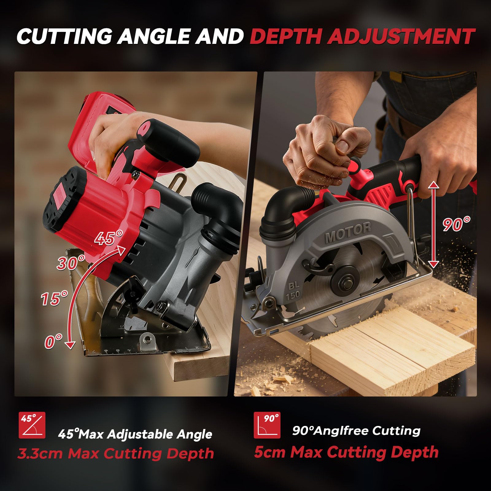 Sega circolare senza fili da 15 cm, compatibile con Milwaukee M18, 6200 giri/min con 2 lame 150 mm, profondità di taglio 50 mm, smussatura 0-45° per taglio di legno, plastica, piastrelle (rosso per