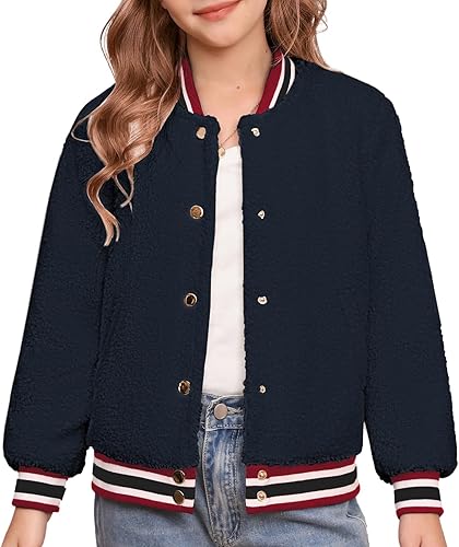 GRACE KARIN Teen Girls Fleece Jacket Fall Winter Outwear Button Down Baseball Back to School Coat with Pocket Size 10