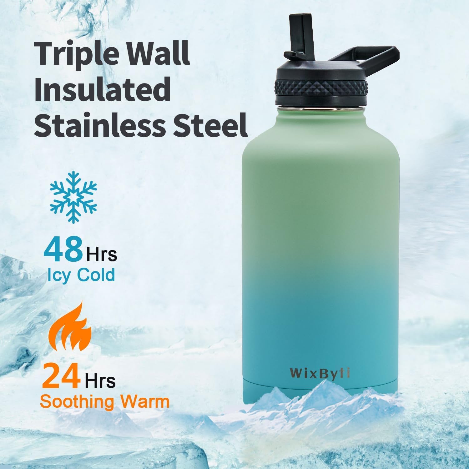 64 oz Insulated Water Bottle with Straw (Cold for 48 Hrs), Half Gallon Stainless Steel Triple Wall Vacuum Sports Water Jug, Leakproof Hydro Cup Flask with Straw Spout Lids & DIY Stickers - Image 2