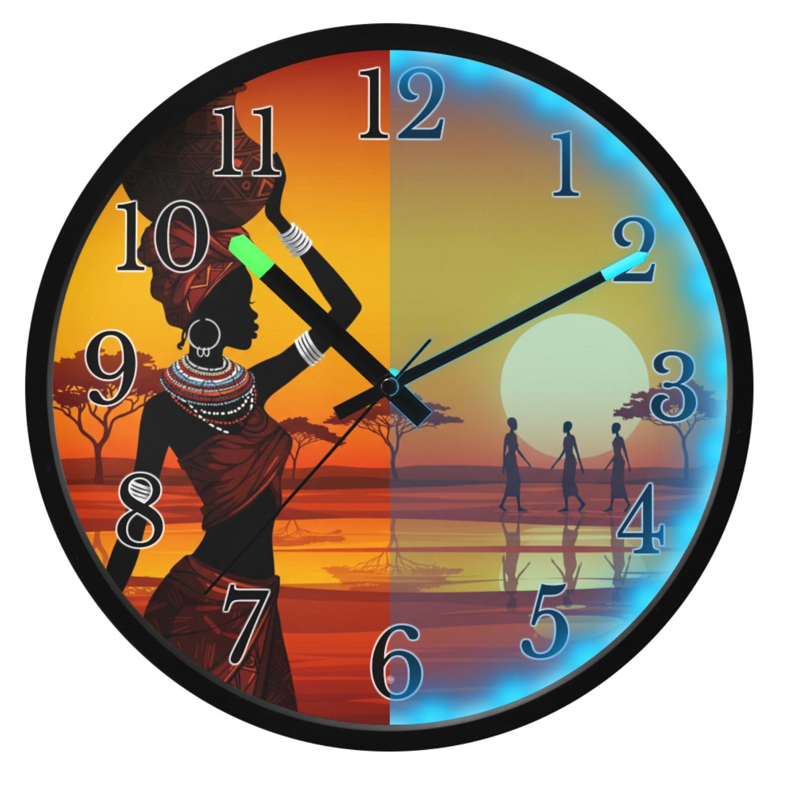 Mnsruu Reloj de pared luminoso, reloj de pared con diseño de tribu africana que brilla en la oscuridad, funciona con pilas, silencioso, sin tictac, luz nocturna para dormitorio