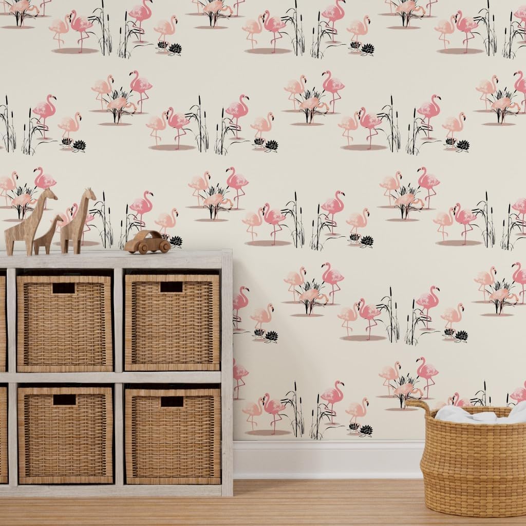 Removable Wallpaper 3ft x 2ft - Vintage Flamingo Glam Flamingos 1950S Retro Trailer Inspired Exotic Birds Tropical Beach Summer Custom Pre-Pasted Wallpaper by Spoonflower