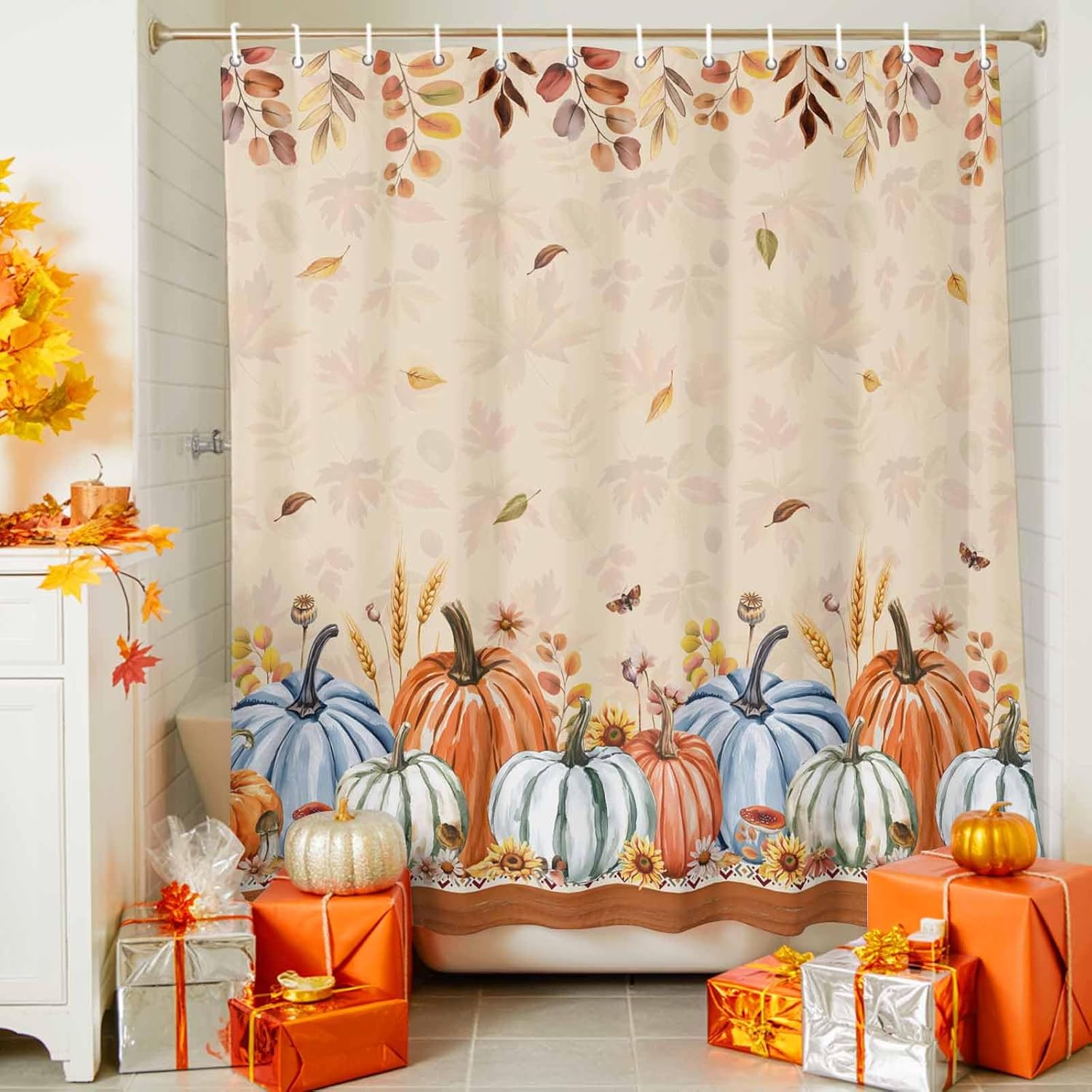 Thanksgiving Shower Curtain,Pastoral Pumpkin Fall Leaves Waterproof Shower Curtain Set with Hooks for Bathroom Showers,Stalls and Bathtubs,72x78In Orange Sunflower
