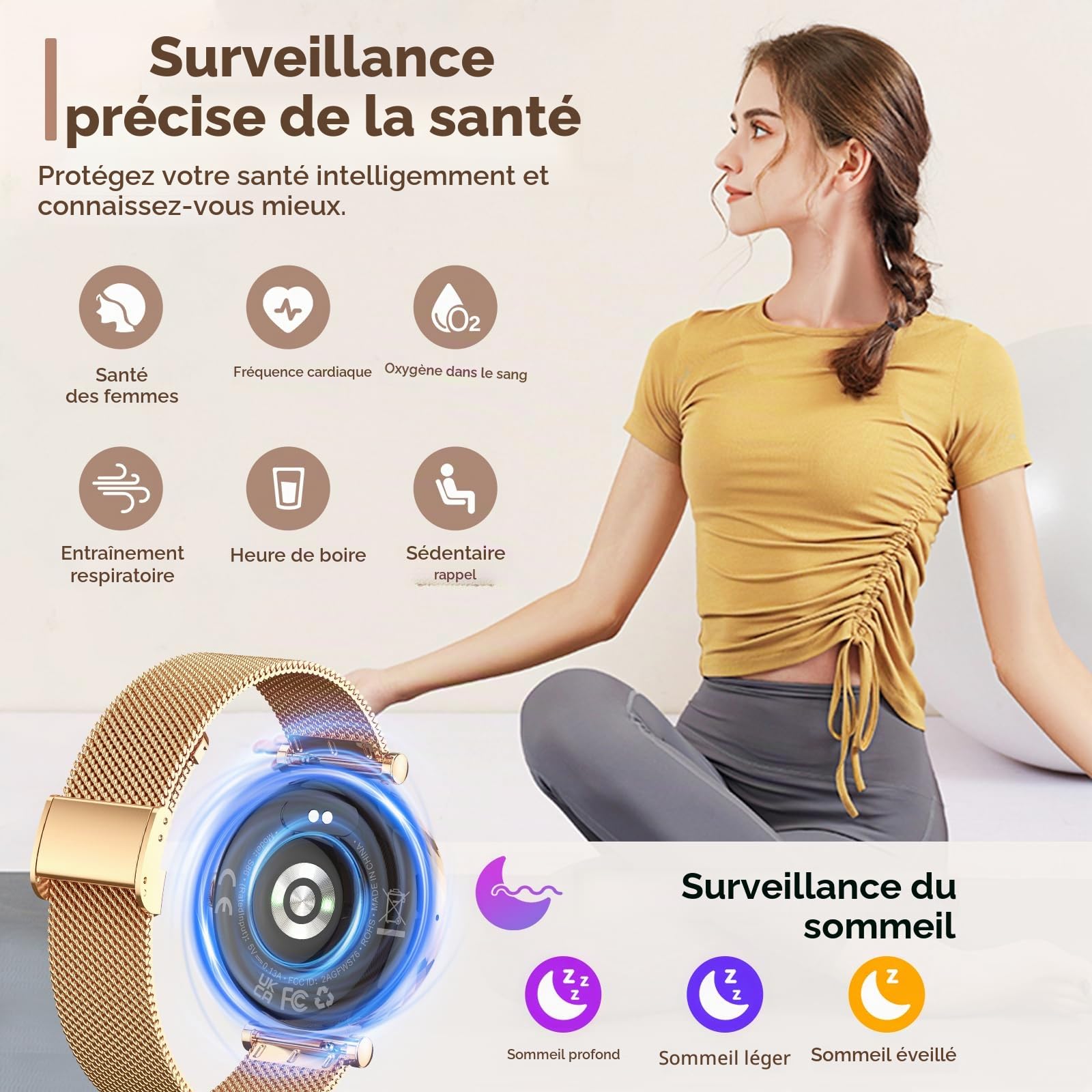 Montre Connectée Femme AMOLED Ultra-fin 1.19" Smartwatch Santé Cycle Menstruel SpO2 Suivi du Sommeil 110+ Modes Sport IP68 Étanche Bluetooth Appel Android iOS