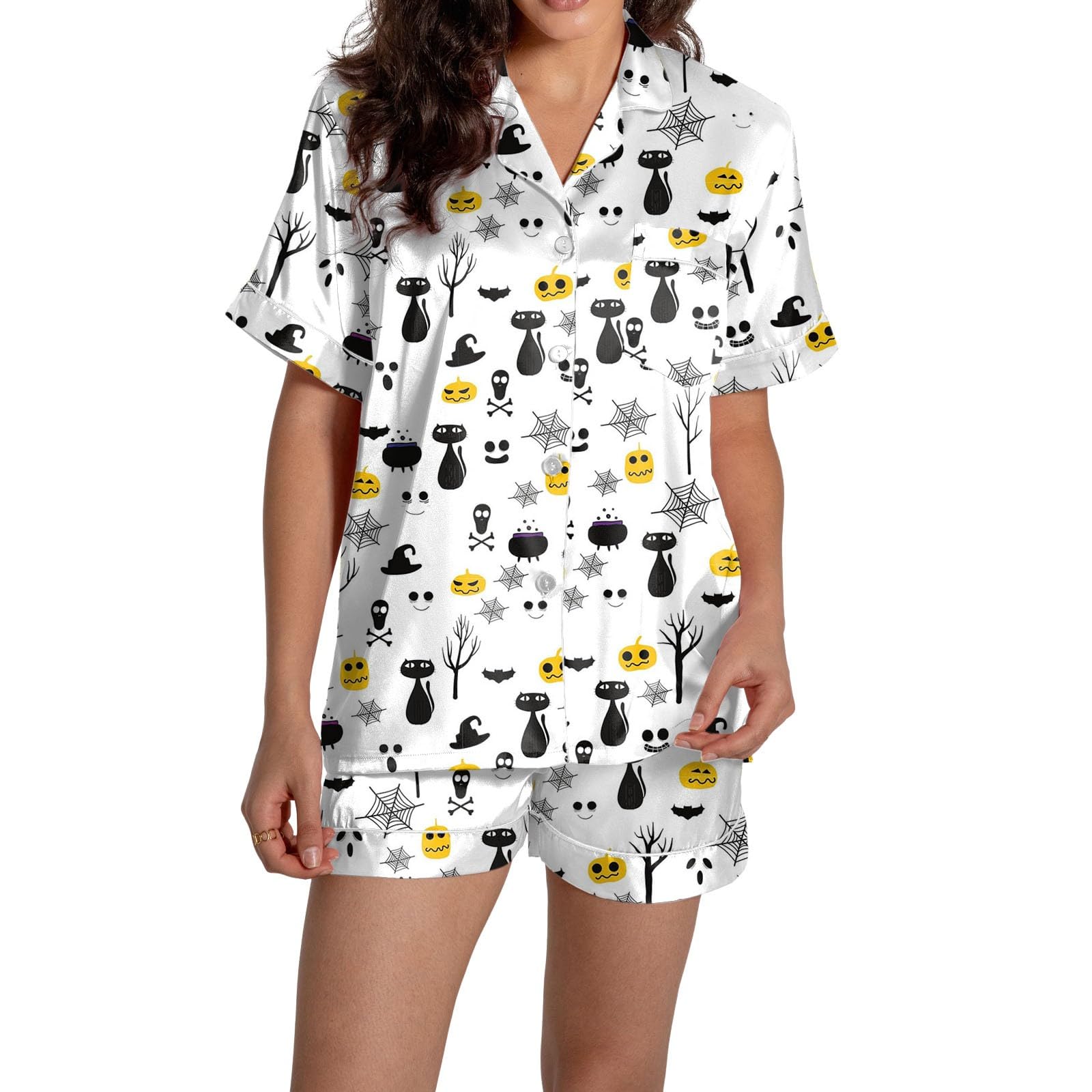 Damen Schlafanzug Kurz - Flauschiger Halloween Pyjama Mit Print