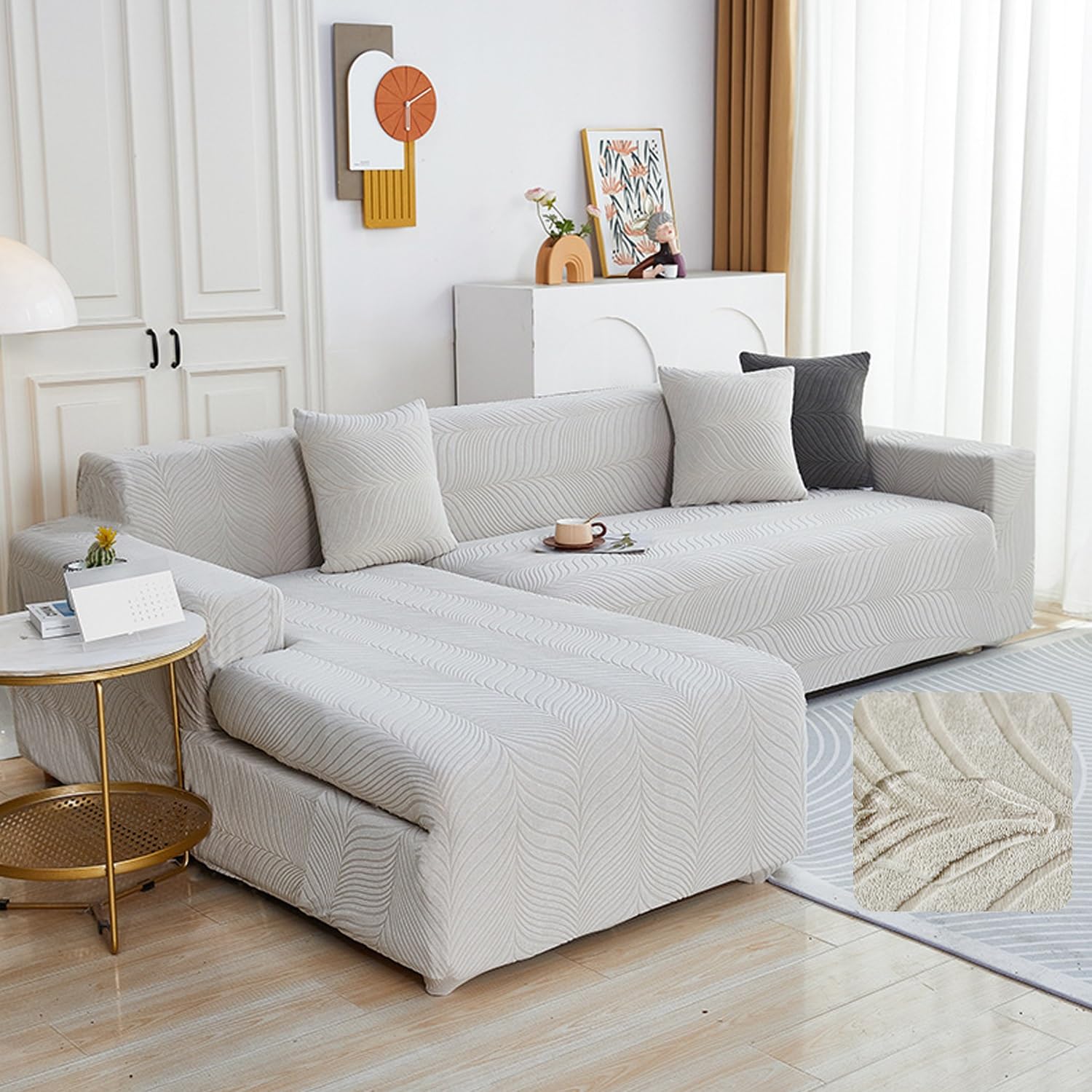 Housse de canapé imperméable 4 places gris clair extensible pour angle et méridienne